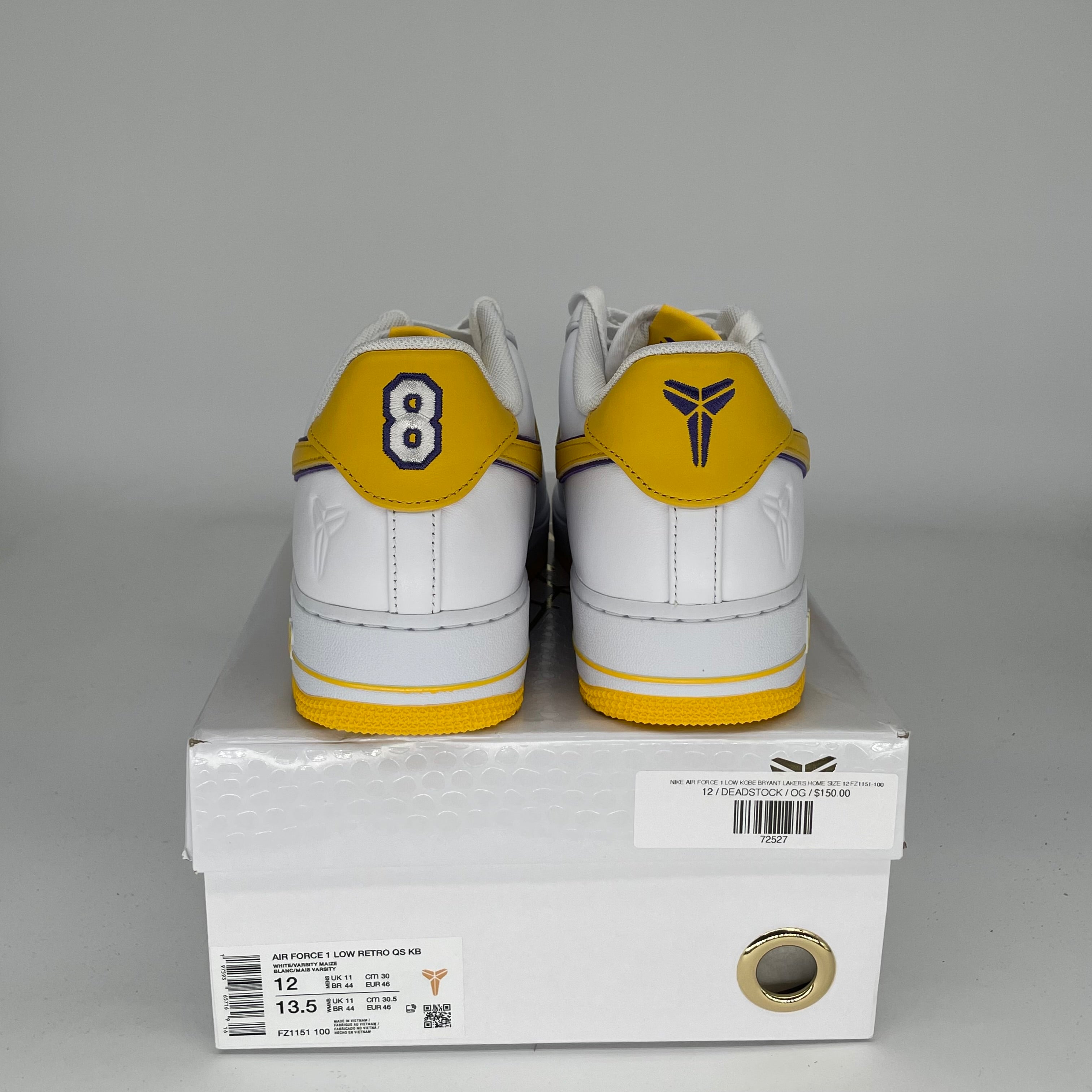 NIKE AIR FORCE 1 LOW KOBE BRYANT LAKERS HOME SIZE 12 FZ1151-100