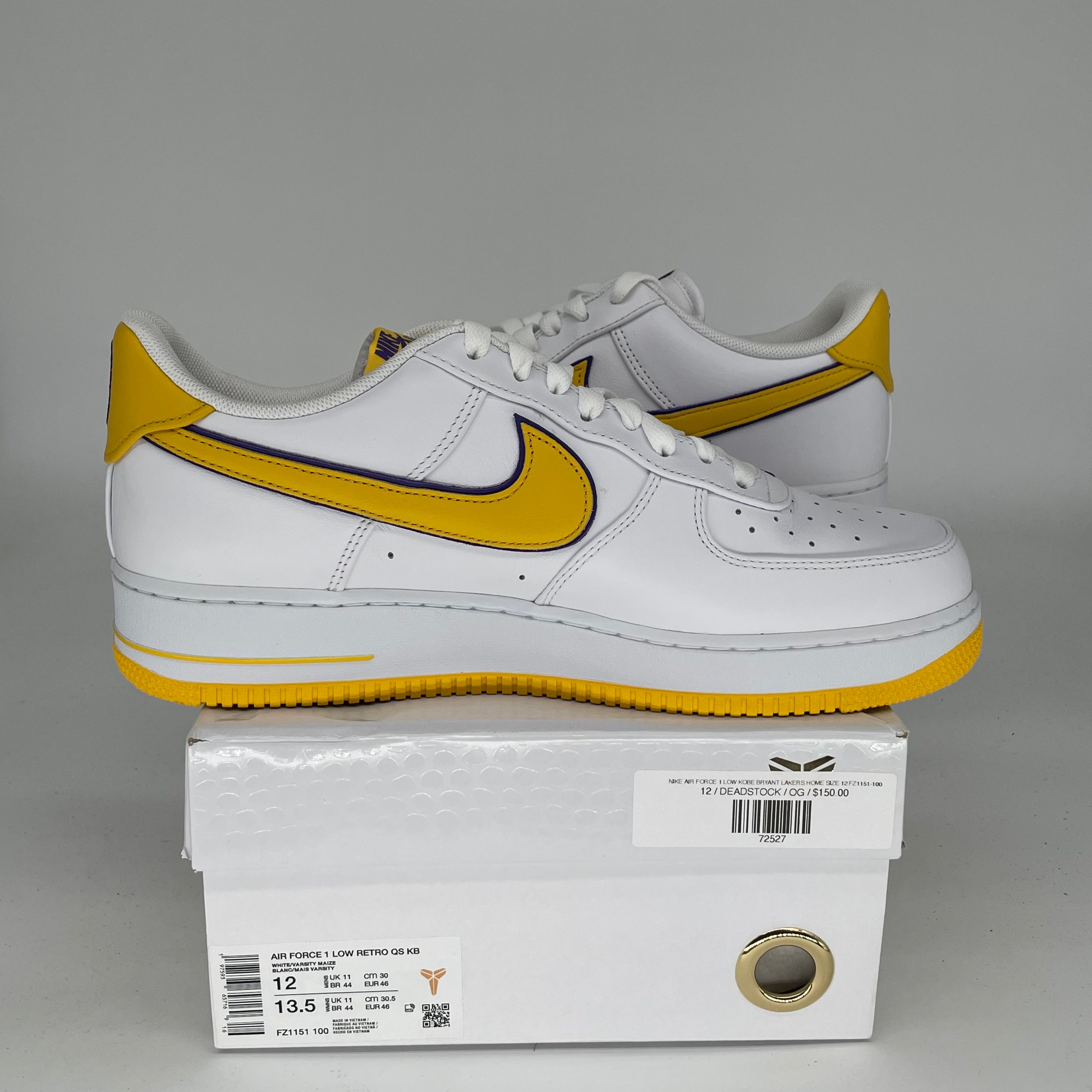NIKE AIR FORCE 1 LOW KOBE BRYANT LAKERS HOME SIZE 12 FZ1151-100